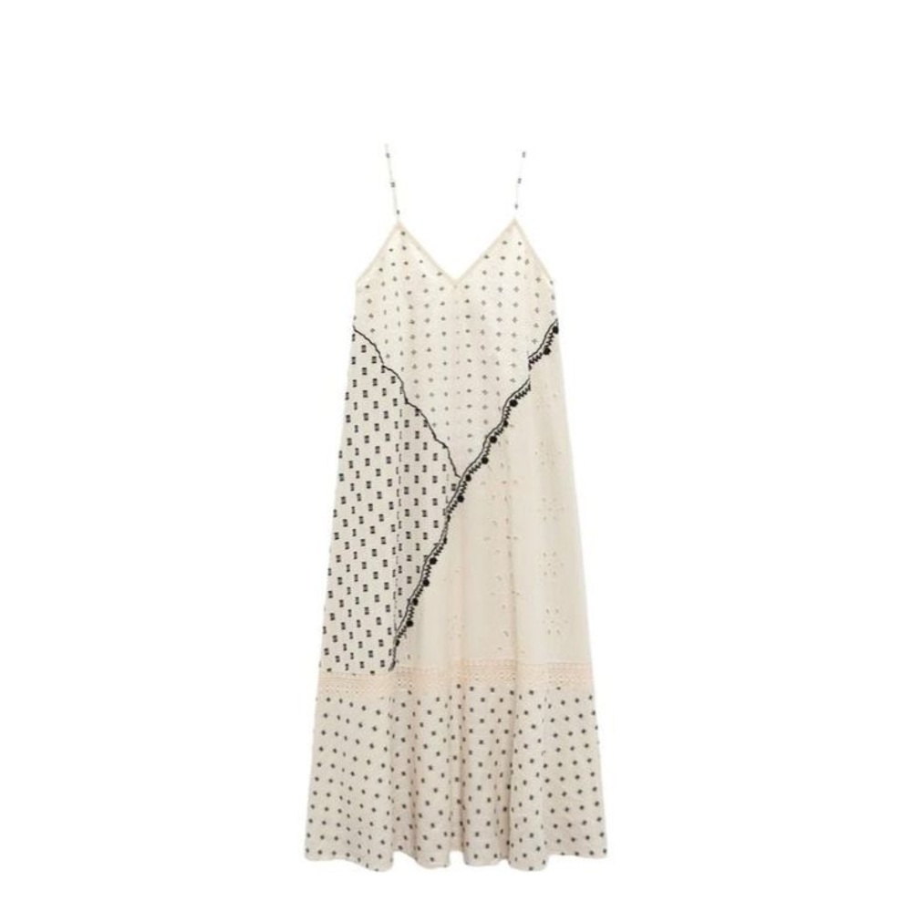 Zara Embroidered Cotton and Linen Boue and Cream Patchwork Maxi Dress